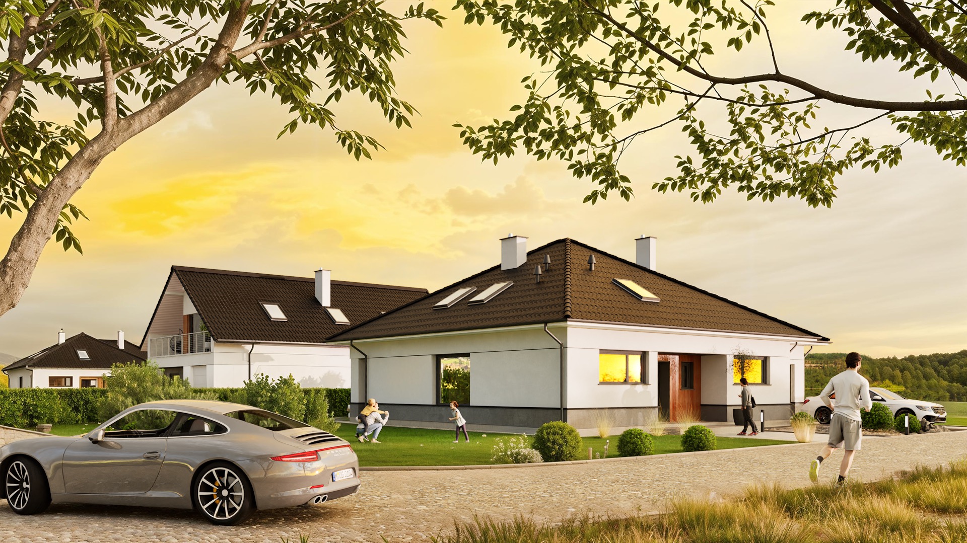 Wizualizacja domu jednorodzinnego z brązowym dachem, szarym Porsche i osobami na trawniku w ciepłym, zachodzącym słońcu. Nowoczesna architektura.
