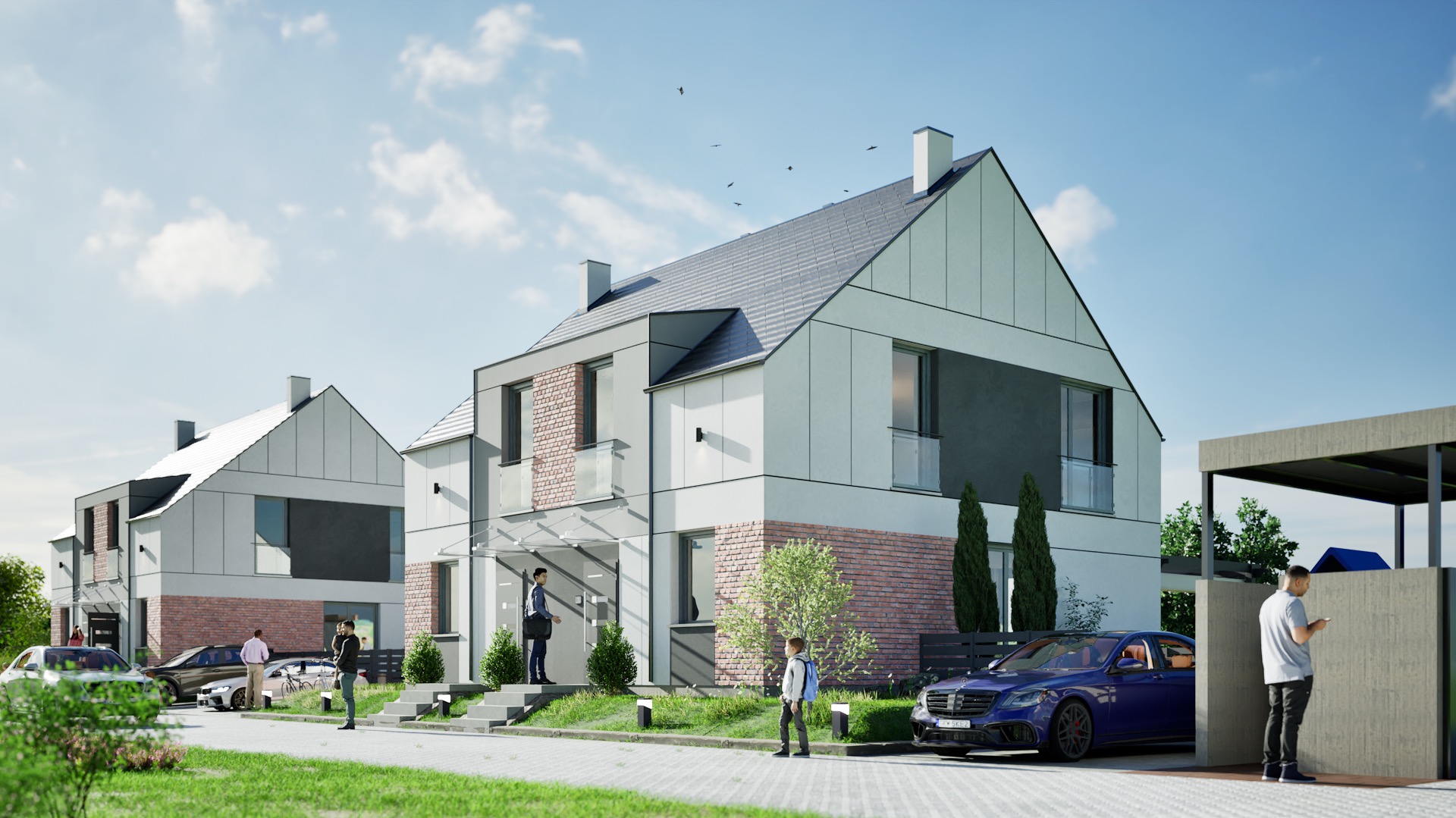 Wizualizacja bliźniaków z szarą elewacją i elementami cegły. Na pierwszym planie zaparkowany granatowy samochód. Uwagę zwracają postacie w otoczeniu domów.