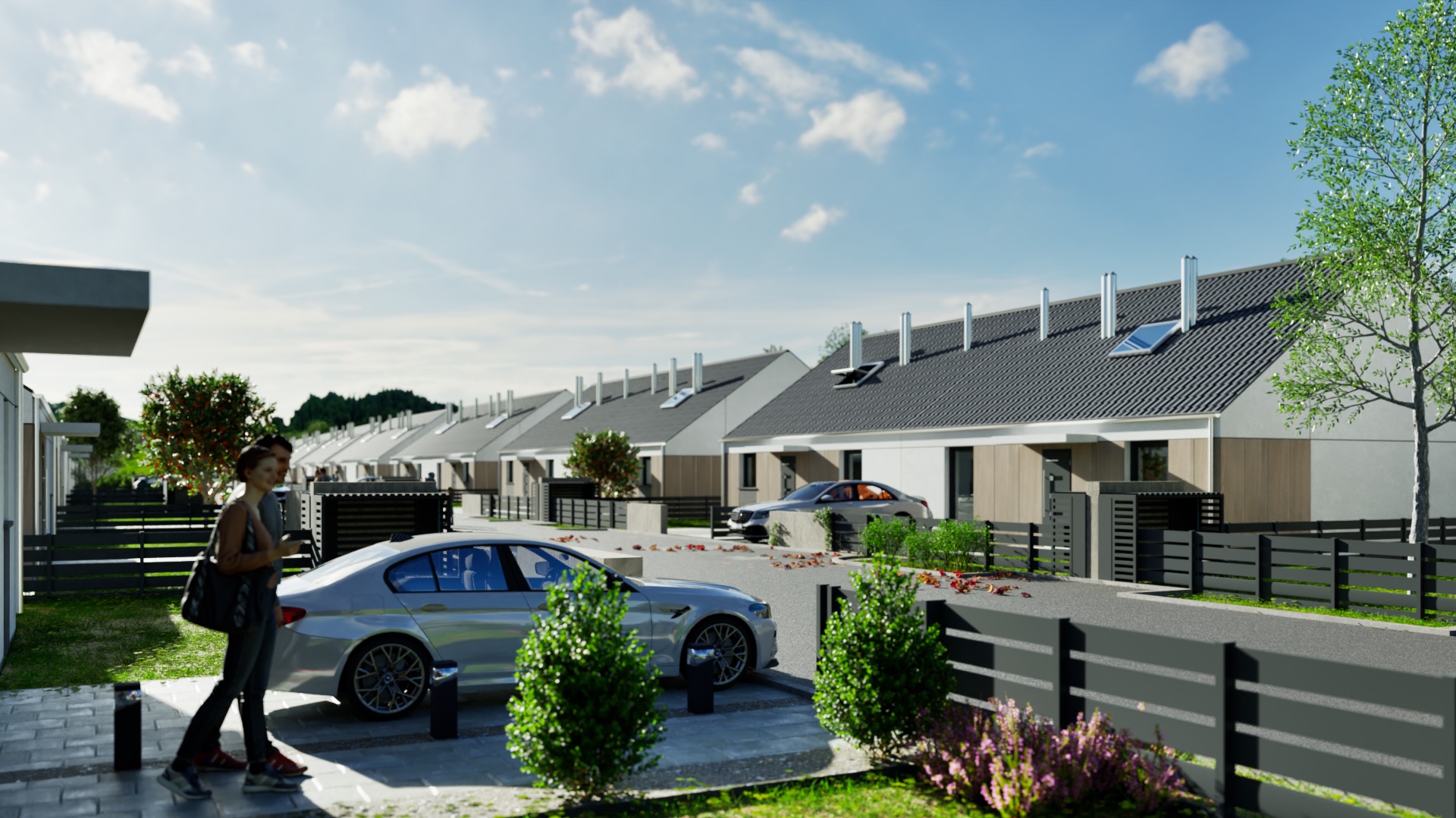 Wizualizacja osiedla domów jednorodzinnych z szarymi dachami, samochodami i spacerującą parą w słoneczny dzień. Projekt architektoniczny z dbałością o detale.