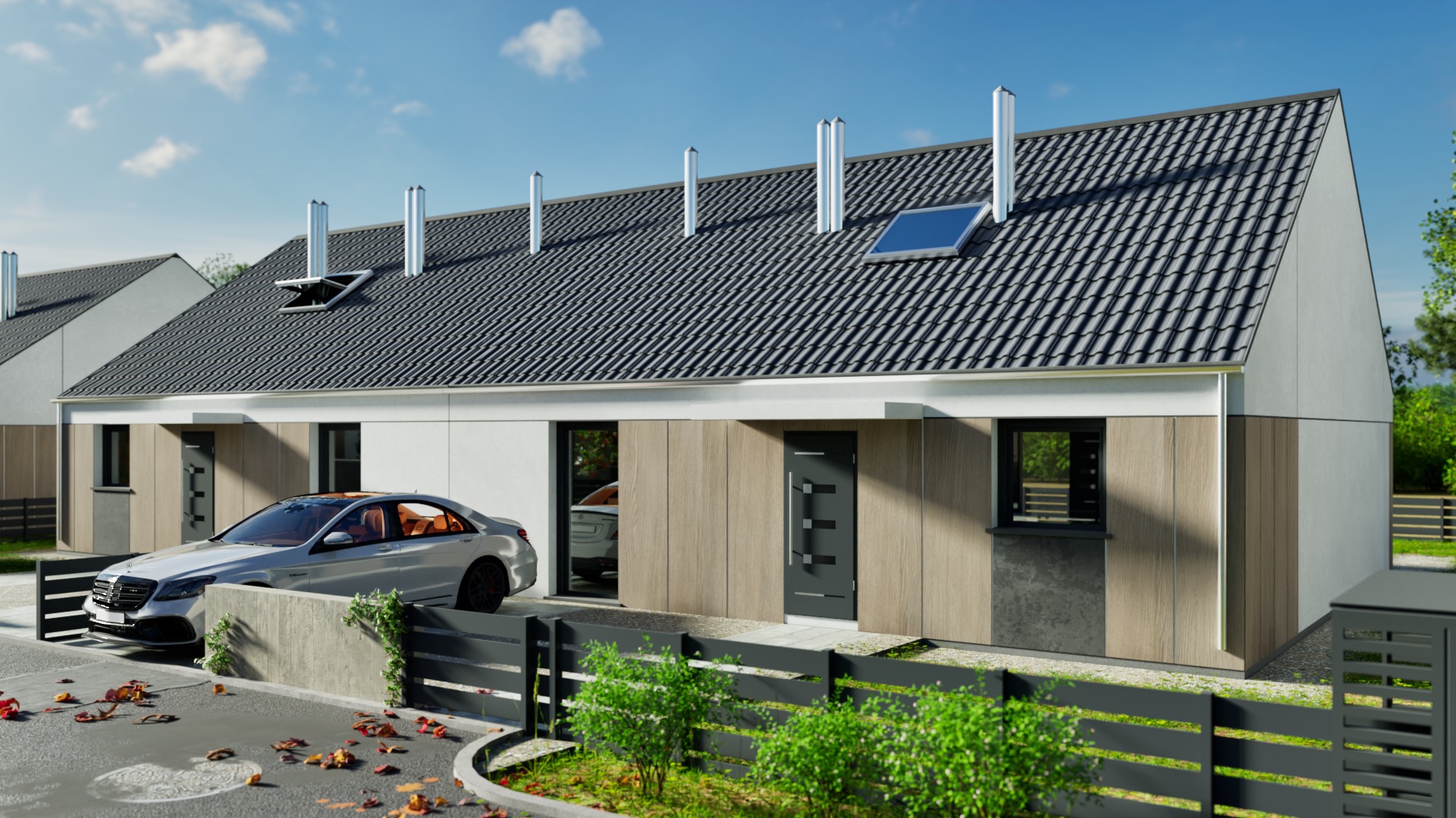 Wizualizacja szeregu nowoczesnych domów z szarym dachem i drewnianą elewacją, srebrnym samochodem i zadbanym ogrodem w słoneczny dzień.