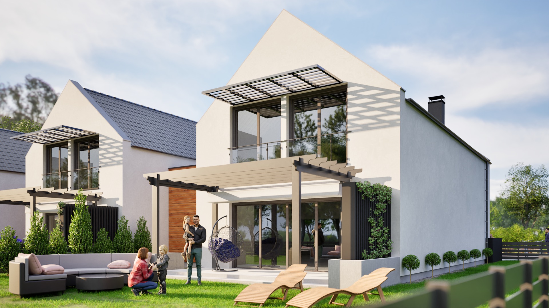 Wizualizacja domu jednorodzinnego z ogrodem, pergola, meble ogrodowe i bawiąca się rodzina. Nowoczesna architektura z elementami drewna i zieleni.