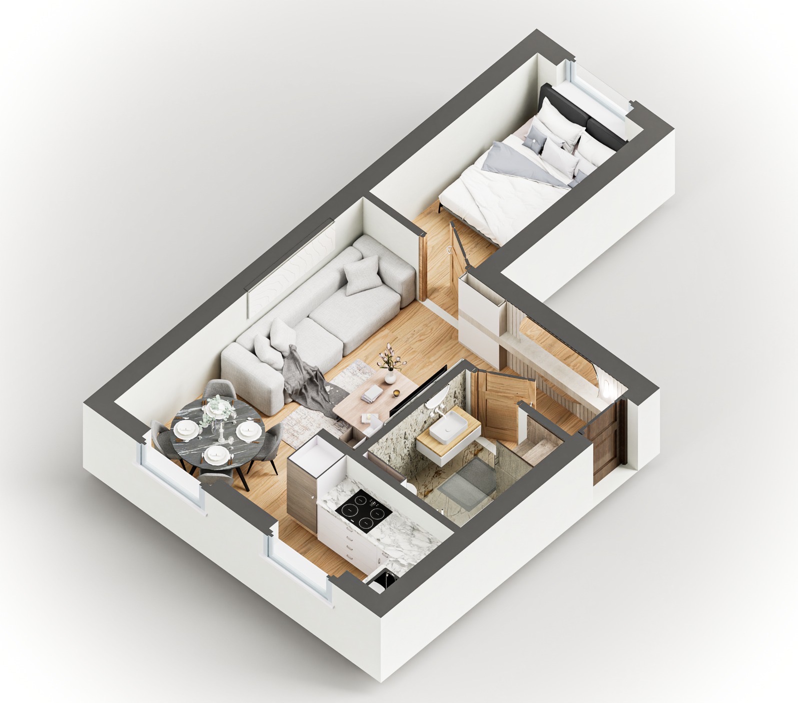 Izometryczny rzut 3D małego mieszkania: salon z sofą, jadalnia z okrągłym stołem, kuchnia i sypialnia z łóżkiem. Nowoczesny design, jasne kolory, drewniane podłogi.