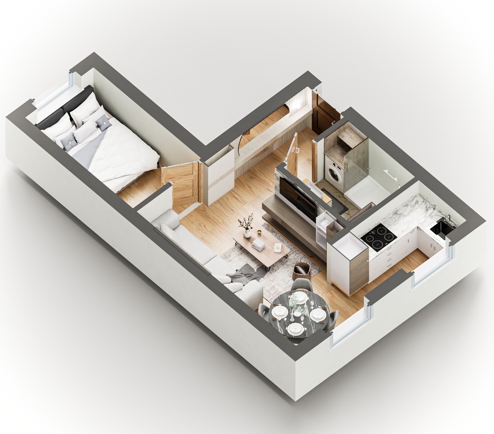 Izometryczny rzut 3D nowoczesnego mieszkania: sypialnia z łóżkiem, salon z sofą, jadalnia ze stołem i krzesłami, kuchnia z marmurowym blatem i łazienka z pralką.