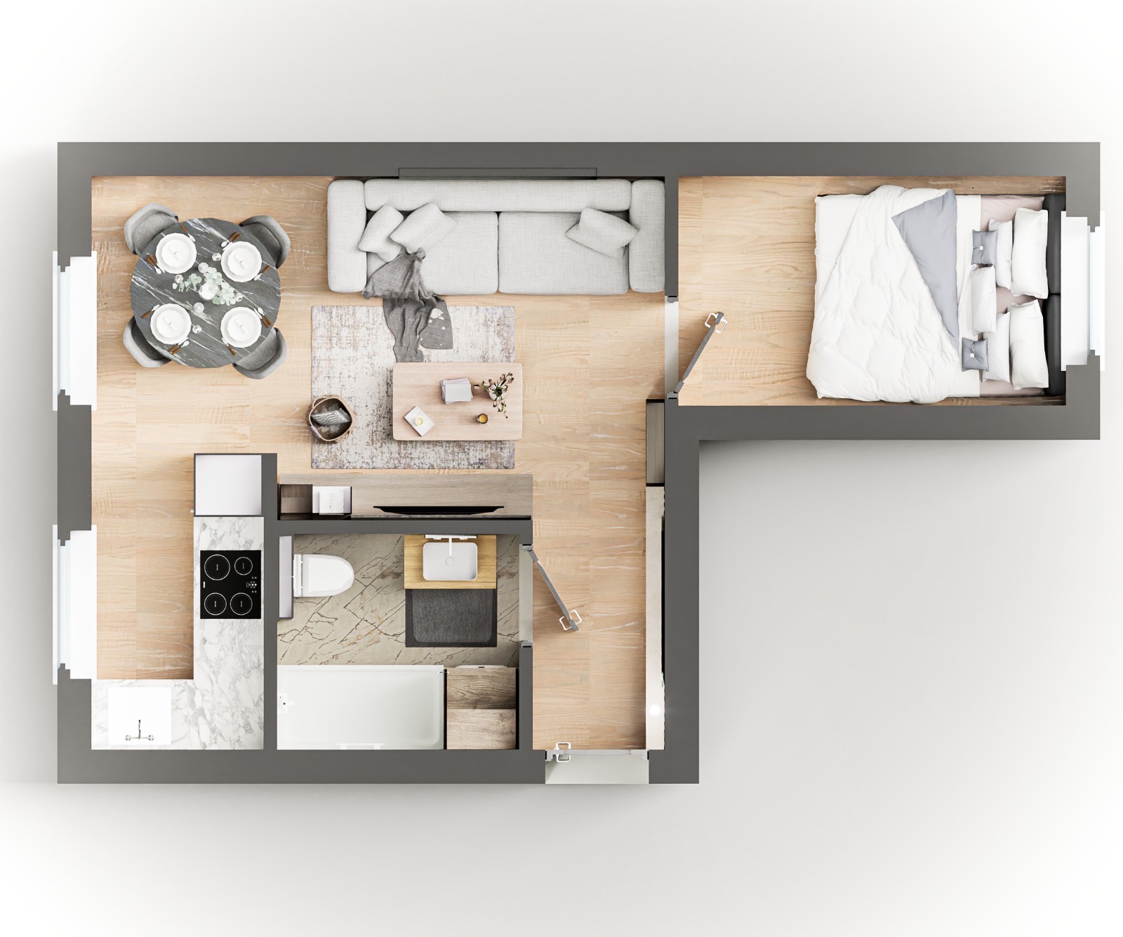 Rzut z góry na aranżację małego mieszkania: salon z sofą, jadalnia z okrągłym stołem, aneks kuchenny i sypialnia. Stonowana kolorystyka, drewniane podłogi.