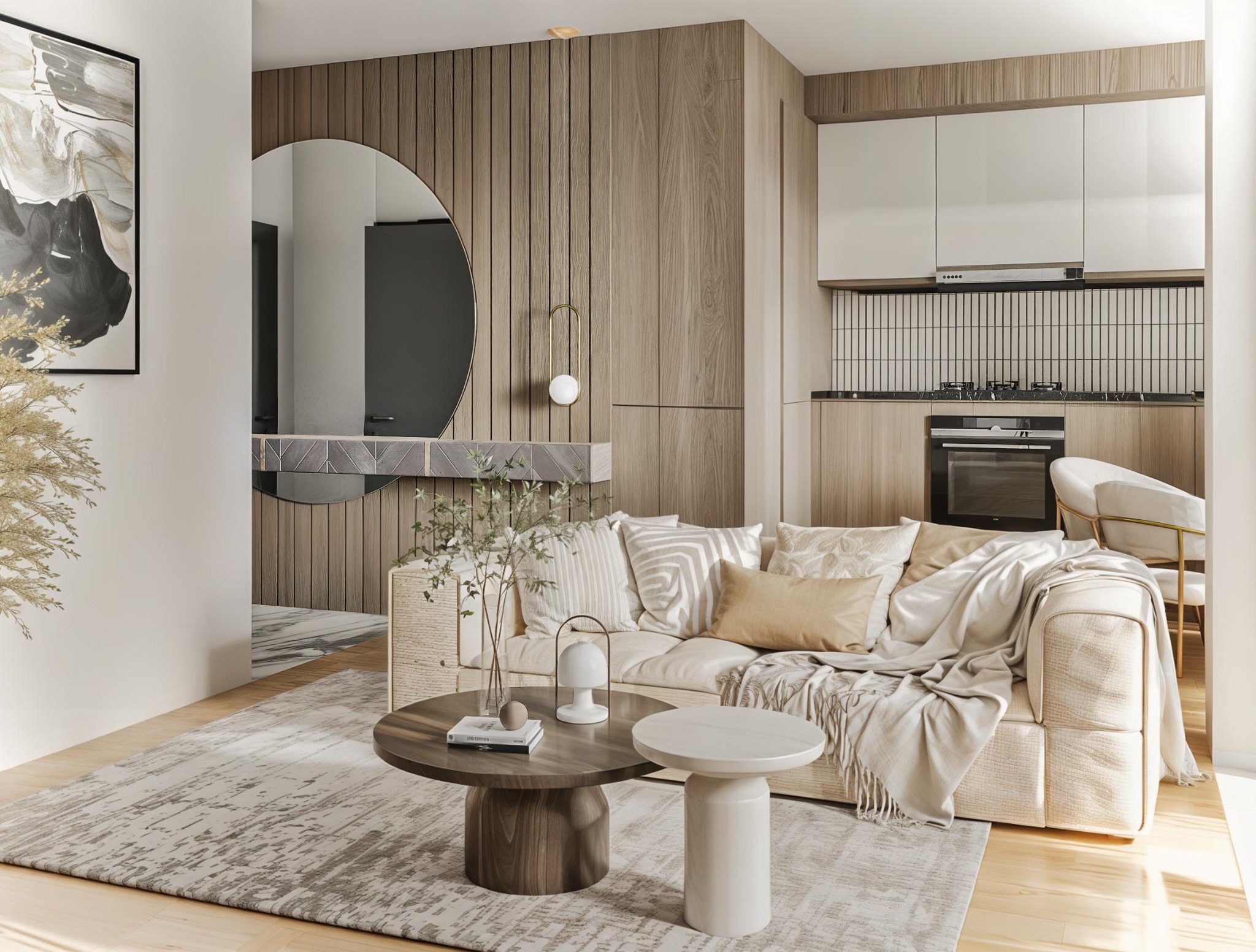 Beżowe wnętrze: sofa z poduszkami, okrągły stół, drewniane panele ścienne z okrągłym lustrem i minimalistyczna kuchnia w tle. Ciepłe oświetlenie.
