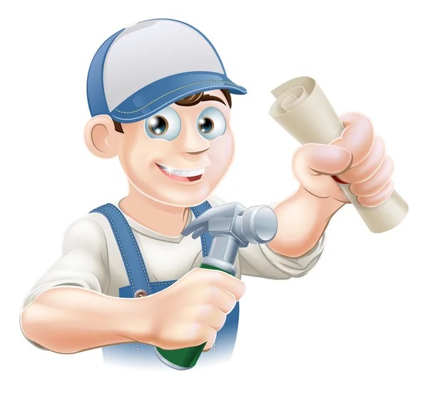 Karykatura budowlańca w czapce trzymającego młotek i zwój planów na białym tle, prezentacja projektu.