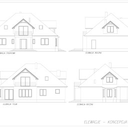FHU Zadłużny - Rzut elewacji domu jednorodzinnego, koncepcja II. Widok z przodu, z tyłu i boczny. Rysunek techniczny w czerni na białym tle. Projekt architektoniczny.