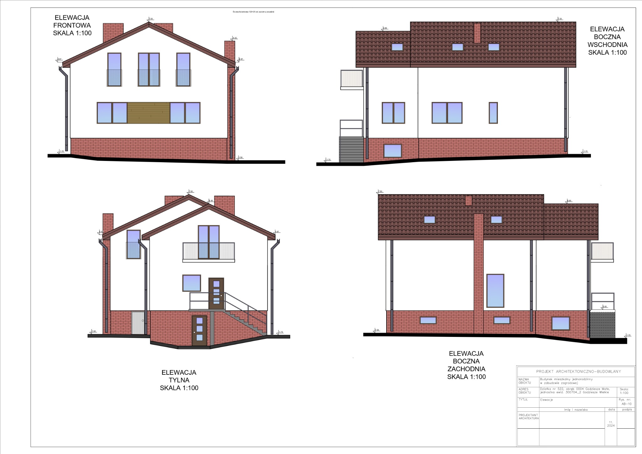 Projekt elewacji domu jednorodzinnego: frontowa, tylna, boczna wschodnia i zachodnia. Rzut budynku z wymiarami, skala 1:100. Dokumentacja architektoniczna.