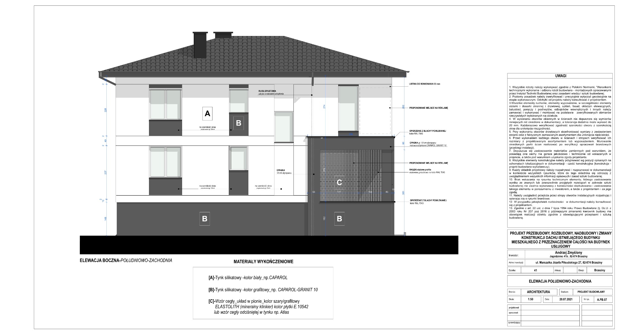 Rzut elewacji budynku w odcieniach szarości i bieli, z oznaczeniami materiałów wykończeniowych: tynk silikatowy, wzór cegły. Projekt przebudowy budynku mieszkalnego.