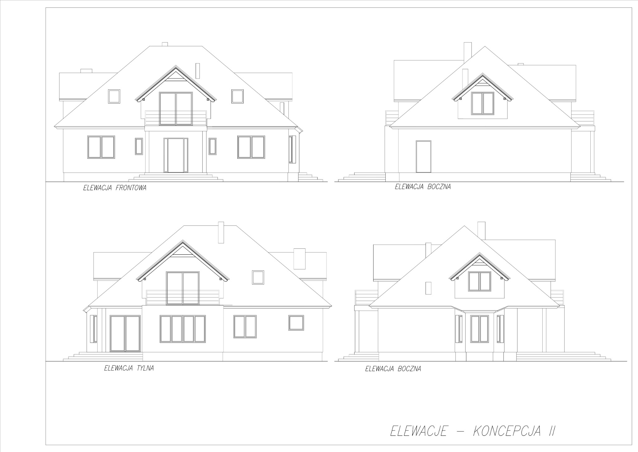 Rzut elewacji domu jednorodzinnego, koncepcja II. Widok z przodu, z tyłu i boczny. Rysunek techniczny w czerni na białym tle. Projekt architektoniczny.