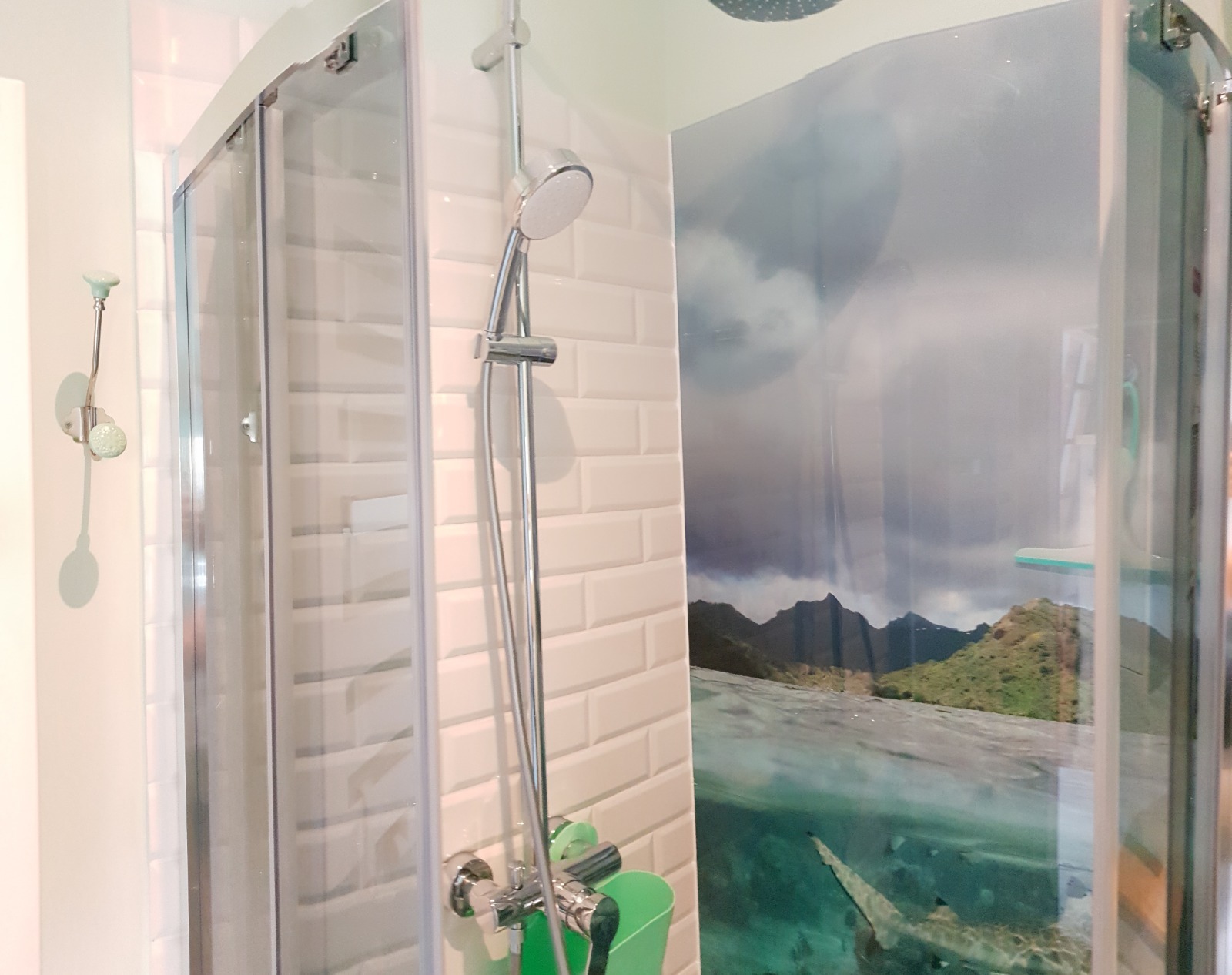 Nowoczesna kabina prysznicowa z białą mozaiką i szklaną ścianą z motywem podwodnego krajobrazu. Słuchawka prysznicowa na chromowanym drążku.