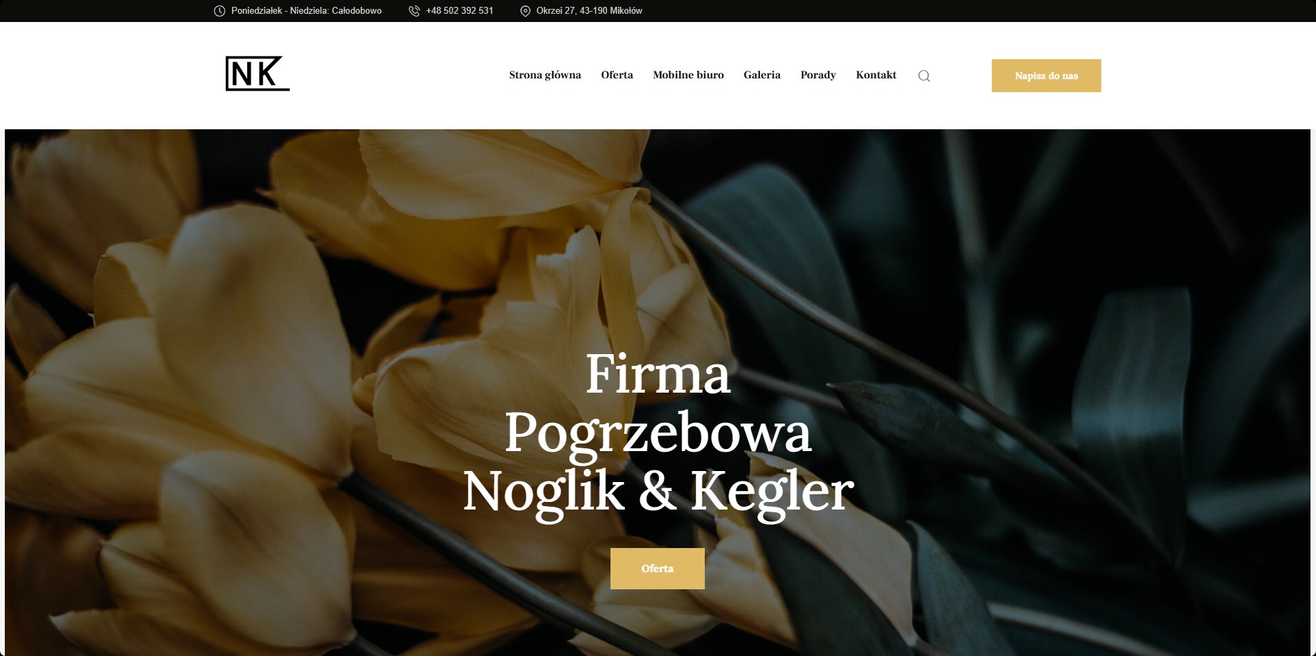 Strona internetowa firmy pogrzebowej Noglik & Kegler z motywem kwiatowym. Przejrzysty układ, responsywność i stonowana kolorystyka. Widoczny fragment menu i logo firmy.