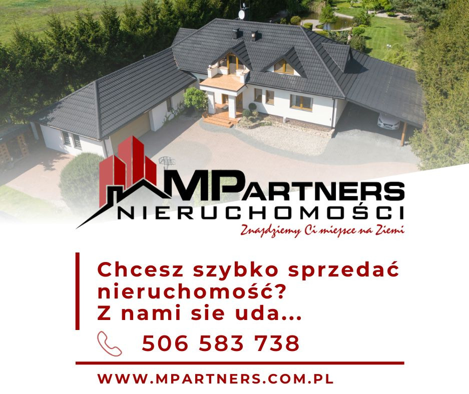 Zdjęcie domu z ogłoszenia agencji nieruchomości MP Partners, z tekstem zachęcającym do szybkiej sprzedaży i danymi kontaktowymi.