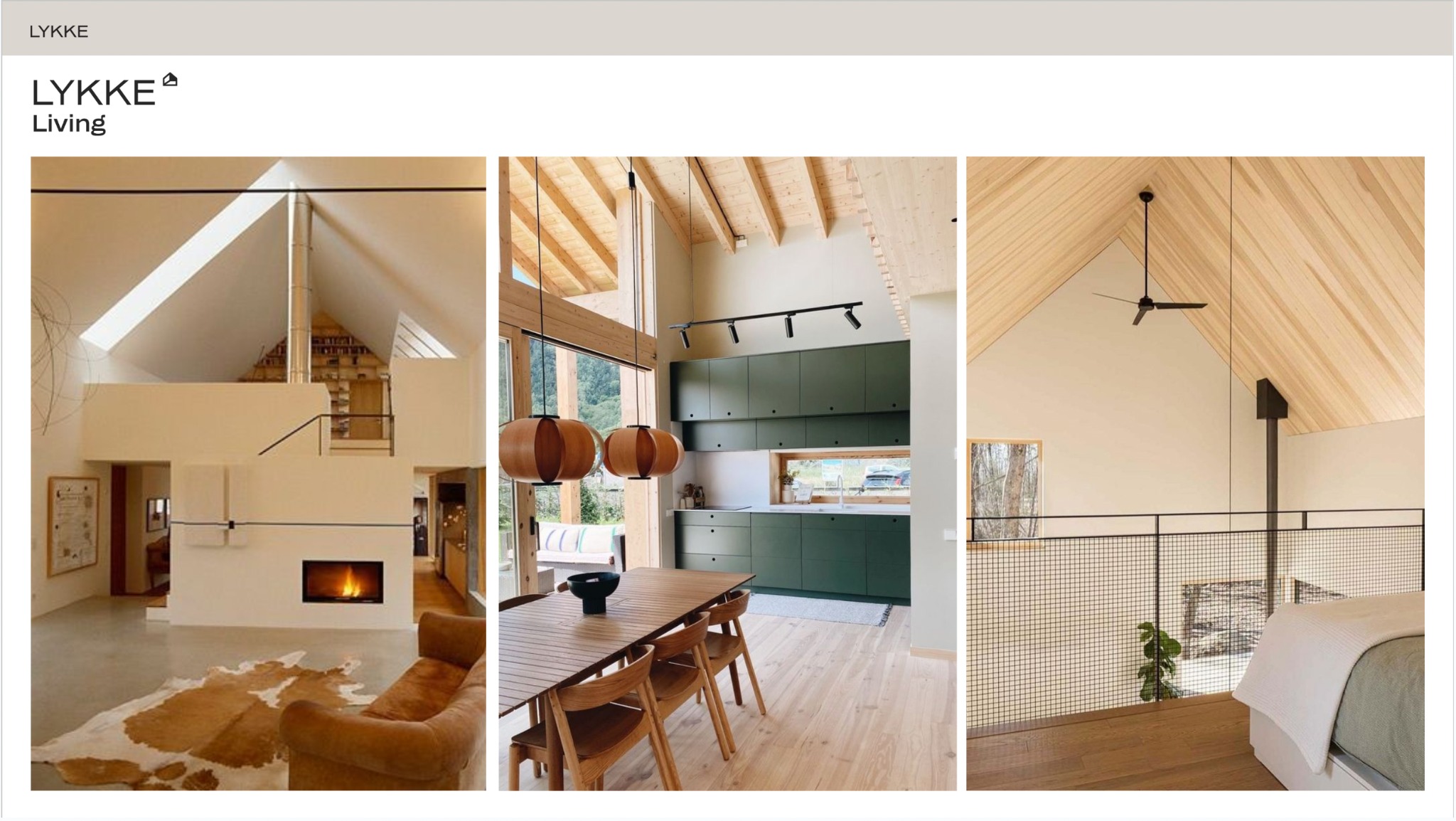 Trzy kadry przestronnego wnętrza domu z drewnianymi elementami: salon z kominkiem, jadalnia z kuchnią i sypialnia z antresolą, w stylu skandynawskim.