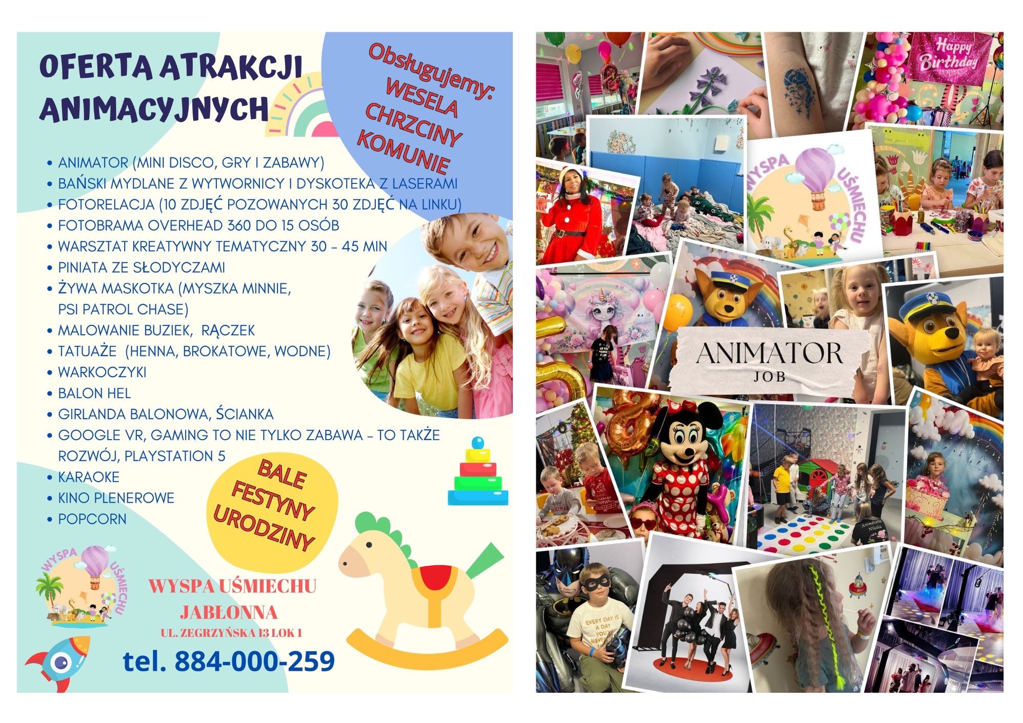 Oferta animacji dla dzieci 'Wyspa Uśmiechu': animacje, maskotki, balony, fotobudka, warsztaty, karaoke. Kolaż zdjęć z imprez, kontakt i logo firmy.