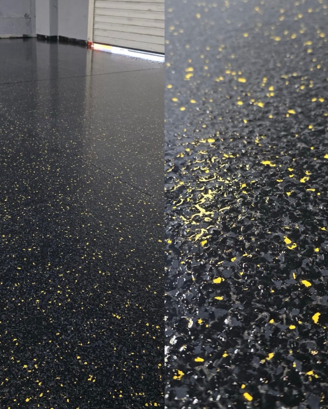 Błyszcząca, czarna posadzka z żółtymi drobinkami, widok z bliska. Częściowo widoczna brama garażowa w tle. Detaliczna faktura powierzchni.