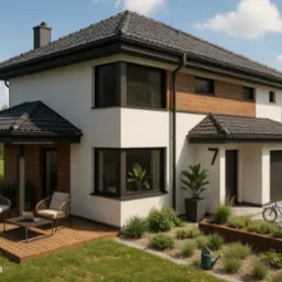 Wizualizacja nowoczesnego domu z białymi ścianami i drewnianą elewacją, tarasem z meblami ogrodowymi i starannie zaaranżowanym ogrodem z rowerem i samochodem.