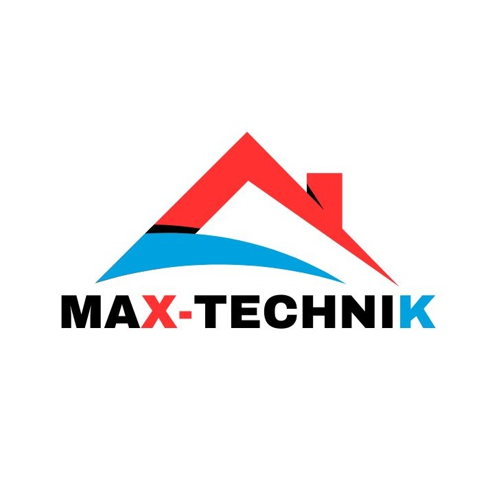 Logo firmy Max-Technik z czerwono-niebieskim symbolem dachu i nazwą w kolorze czarnym, z wyróżnionym niebieskim 'K'.