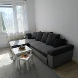 Jasne wnętrze pokoju z szarą, narożną kanapą, białym stolikiem i dywanem. Naturalne światło wpada przez okno z firankami. Widoczny fragment podłogi z paneli.