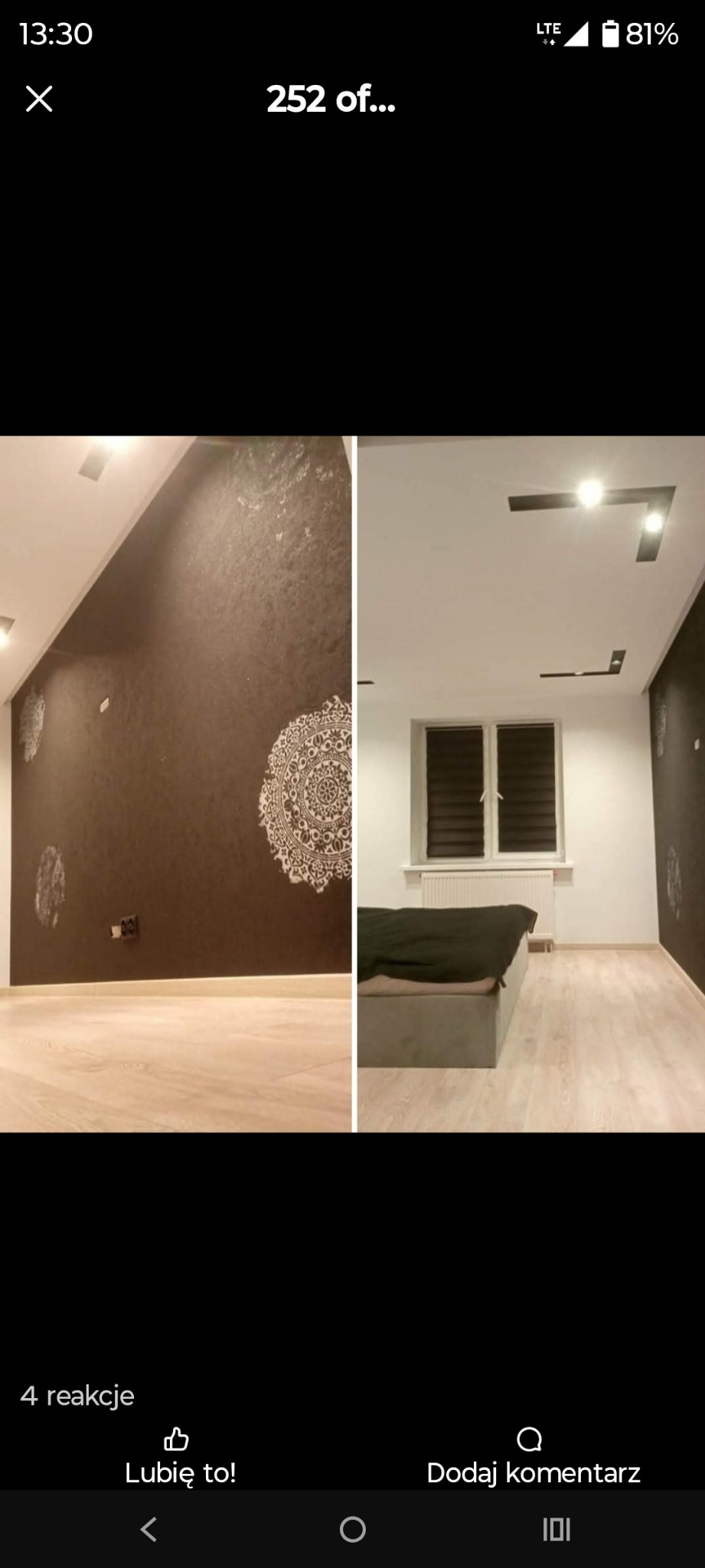 Pokój po remoncie: ciemnobrązowa ściana z białymi mandalami, jasne panele, biała ściana z oknem i łóżkiem. Nowoczesne oświetlenie sufitowe.