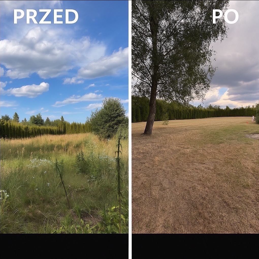 Zdjęcie 'przed i po' koszenia trawy: po lewej zaniedbany teren z wysoką trawą, po prawej skoszony trawnik z widocznym drzewem i oddalonymi krzewami.