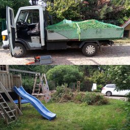 Drzewo PL 76 - Dzielone zdjęcie: ciężarówka z gałęziami pod zieloną siatką i piła łańcuchowa; plac zabaw z usuniętymi gałęziami w tle, ukazujące efekt wycinki drzew.