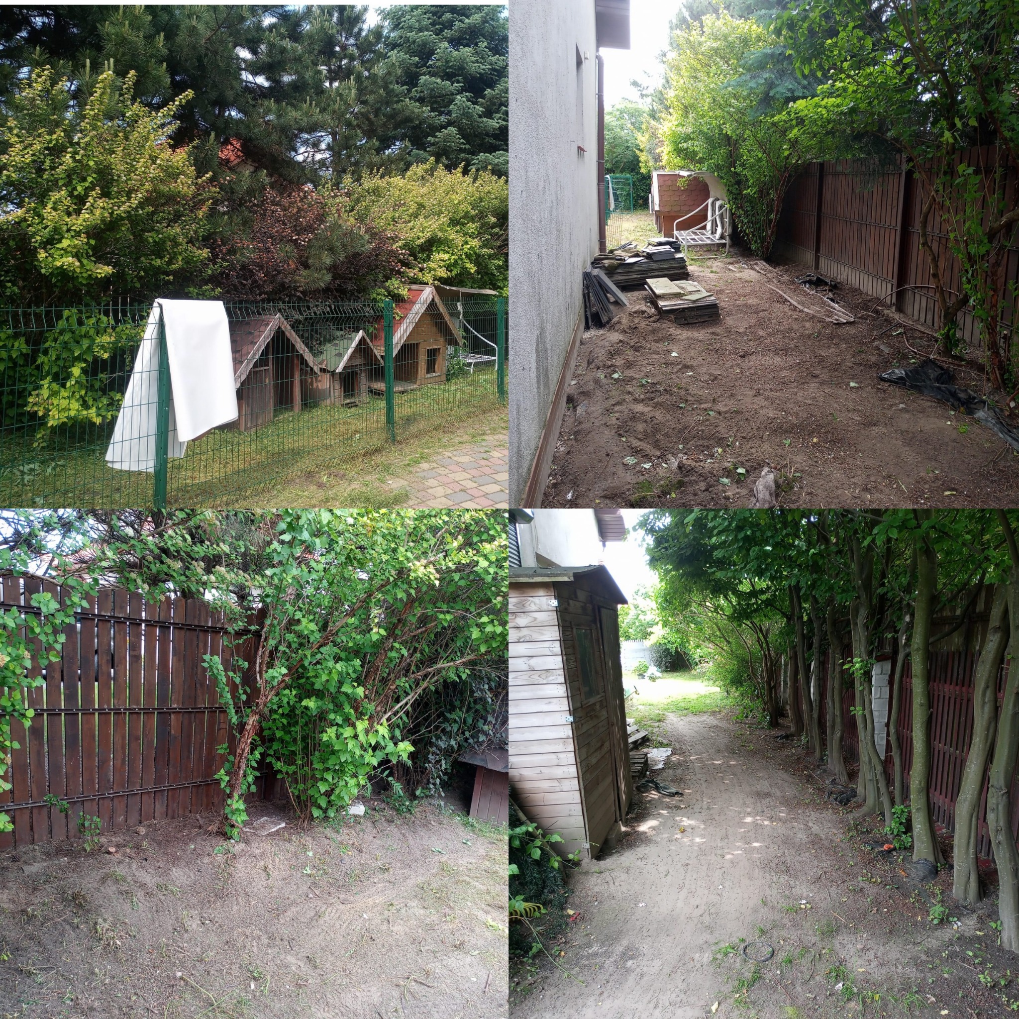 Czteropanelowe ujęcie ogrodu: domki dla zwierząt, przygotowany teren pod nasadzenia, ścieżka wzdłuż ogrodzenia, ukazujące etapy prac ogrodniczych.