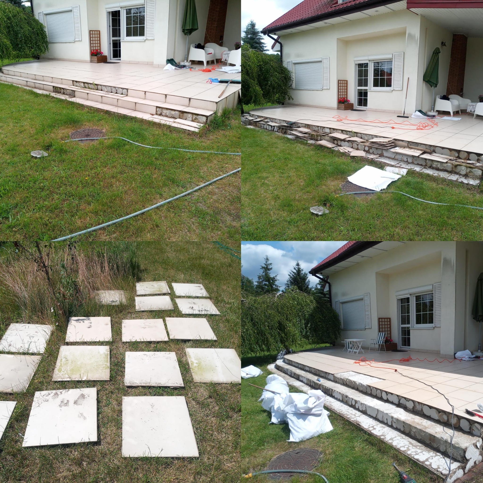Demontaż płytek na tarasie domu jednorodzinnego, widoczne odsłonięte podłoże schodów i trawnik z porozrzucanymi płytkami. Prace w toku.