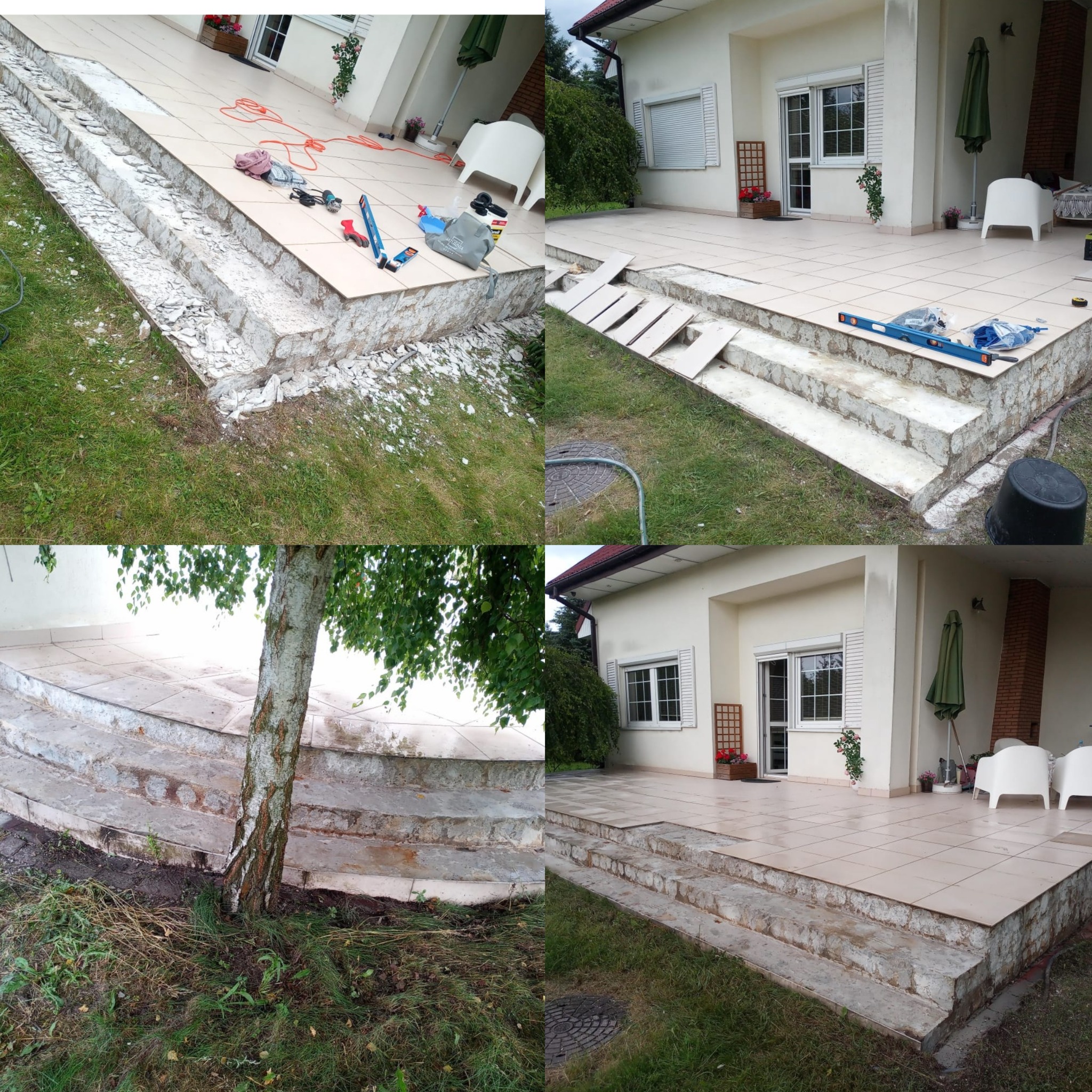 Remont tarasu przed domem w trakcie: usunięte płytki, narzędzia, częściowo ułożone nowe. Widoczne etapy prac i przygotowanie podłoża.