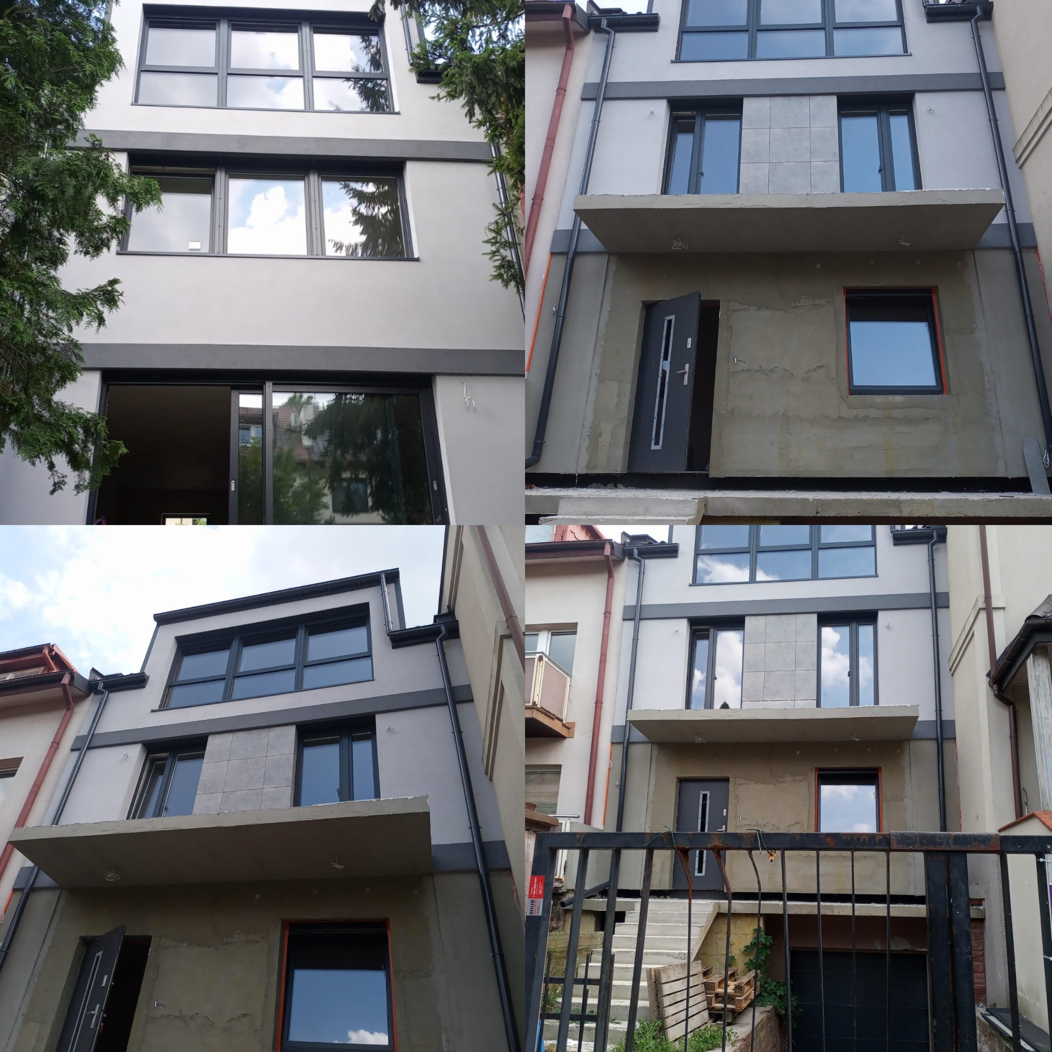 Czteropanelowe ujęcie elewacji budynku w trakcie termomodernizacji: ocieplenie, montaż okien i drzwi, z widocznymi fragmentami rusztowań i otoczenia.