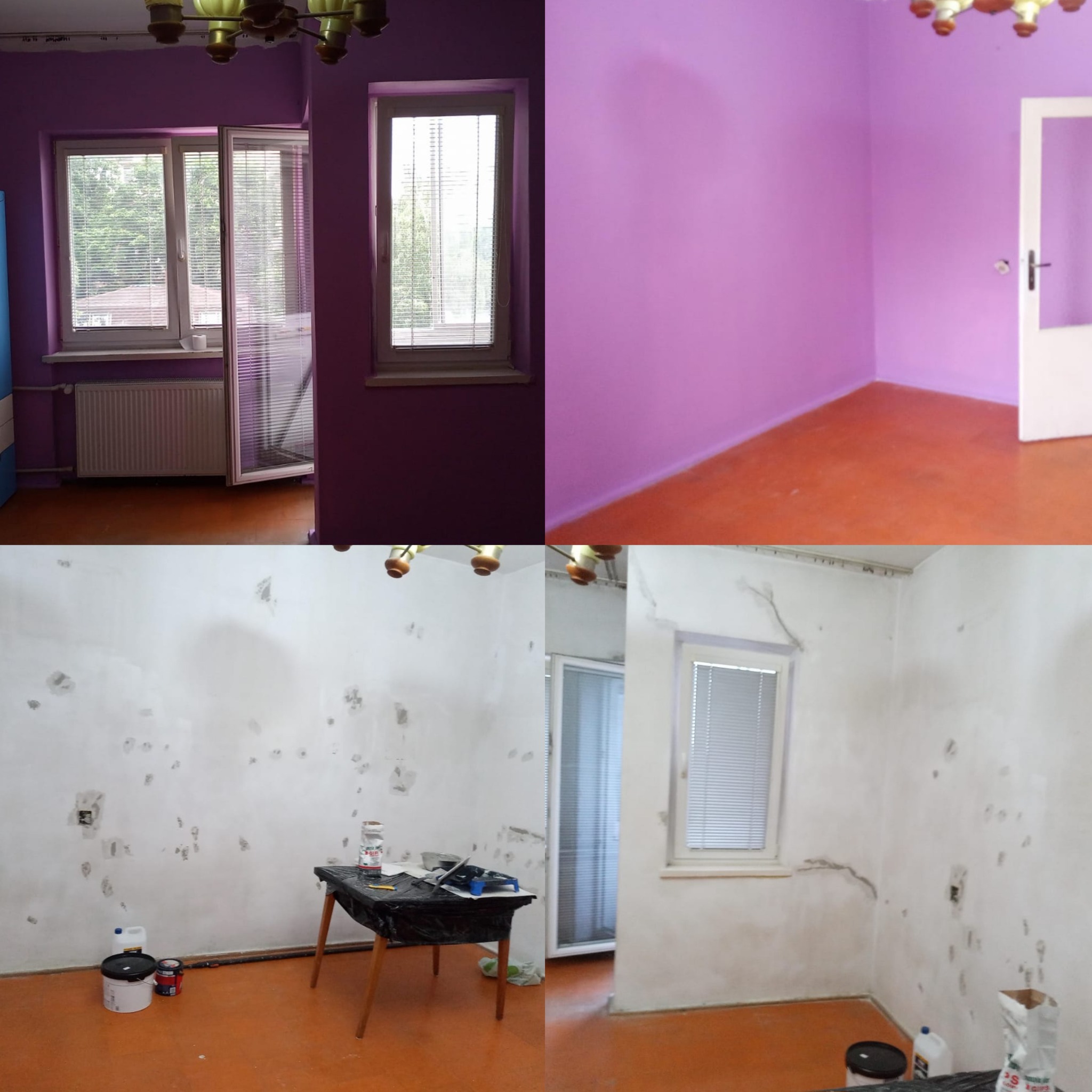 Pokój przed i po malowaniu: ściany z dziurami i nierównościami vs. gładkie, fioletowe ściany. Na podłodze widoczne farby i narzędzia malarskie.