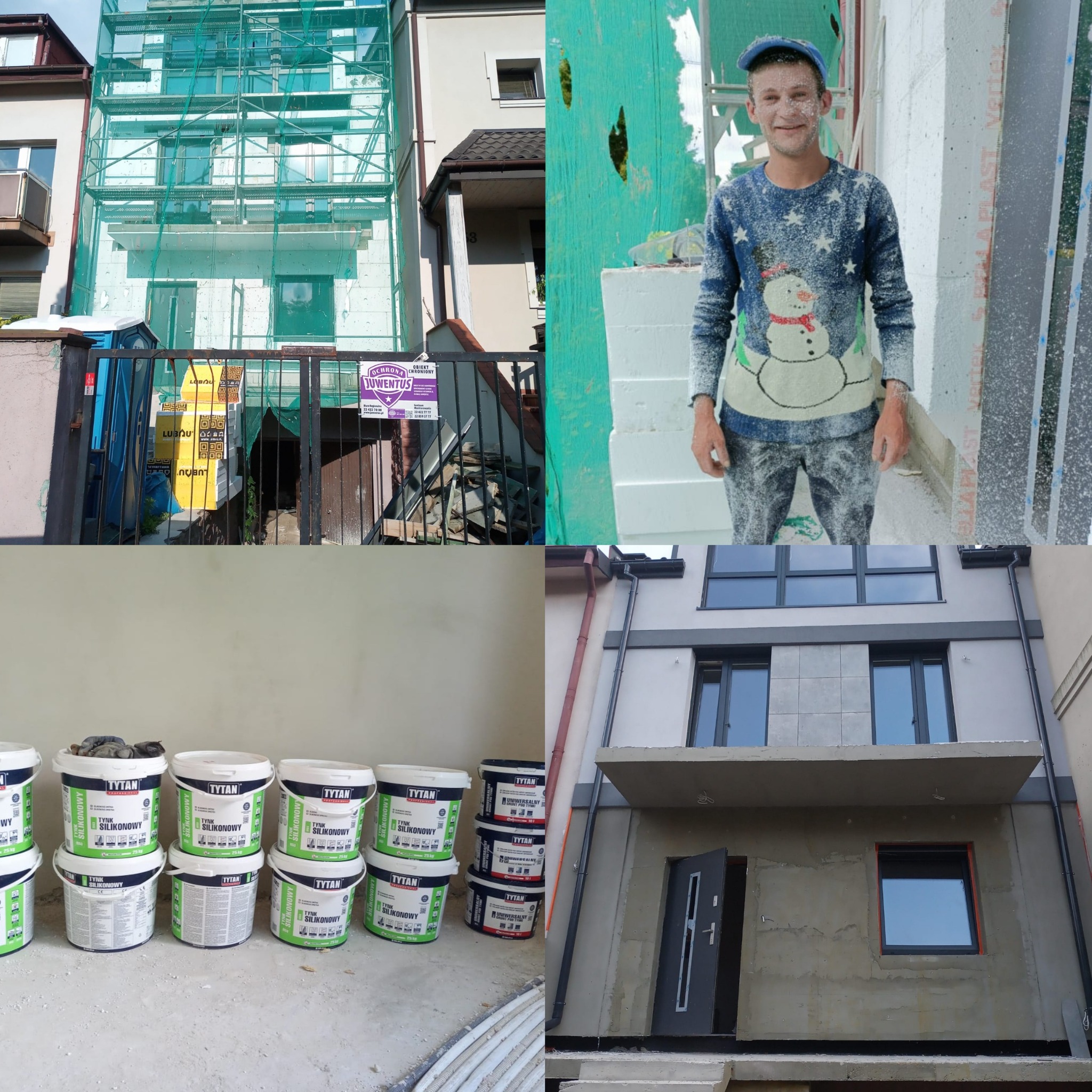 Czteropanelowe zdjęcie: ocieplanie budynku z rusztowaniem, pracownik w ubraniu z bałwanem, wiadra z tynkiem silikonowym i elewacja budynku po ociepleniu.
