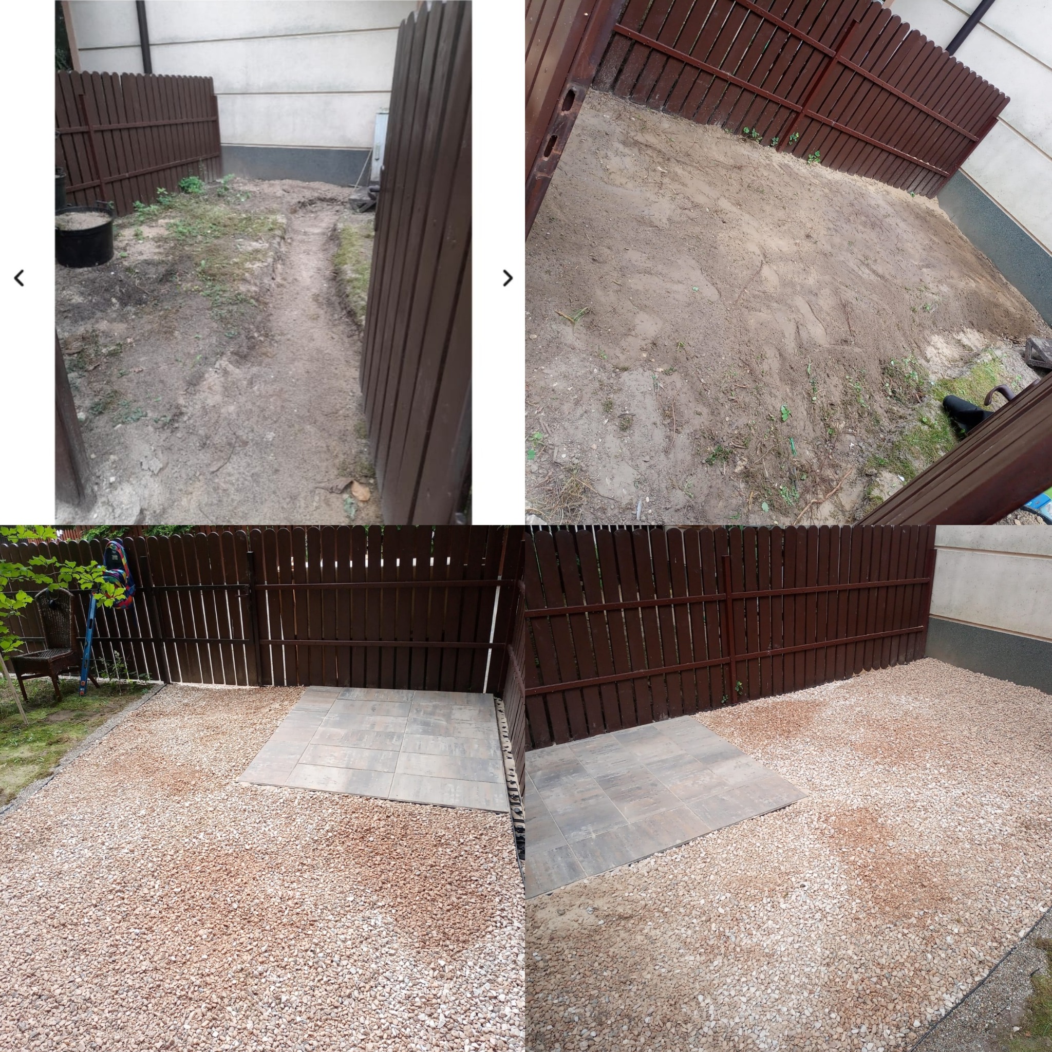 Zdjęcie 'przed i po' ukazujące przemianę zaniedbanego podwórka w schludną przestrzeń z kamienną ścieżką i żwirowym podłożem, otoczoną brązowym płotem.