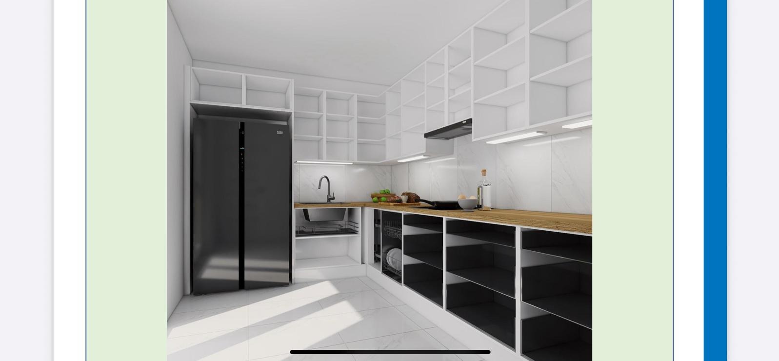 Wizualizacja nowoczesnej kuchni z białymi szafkami, drewnianym blatem i czarną lodówką. Minimalistyczny design z otwartymi półkami i marmurowymi płytkami na ścianie.