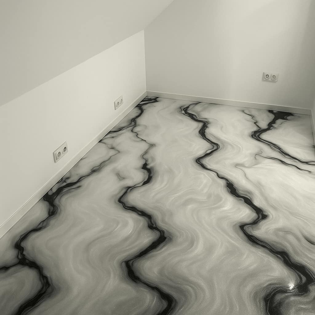 Błyszcząca, biało-szara posadzka żywiczna z czarnymi żyłkami imitującymi marmur w rogu pokoju. Widoczne gniazdka elektryczne przy podłodze.