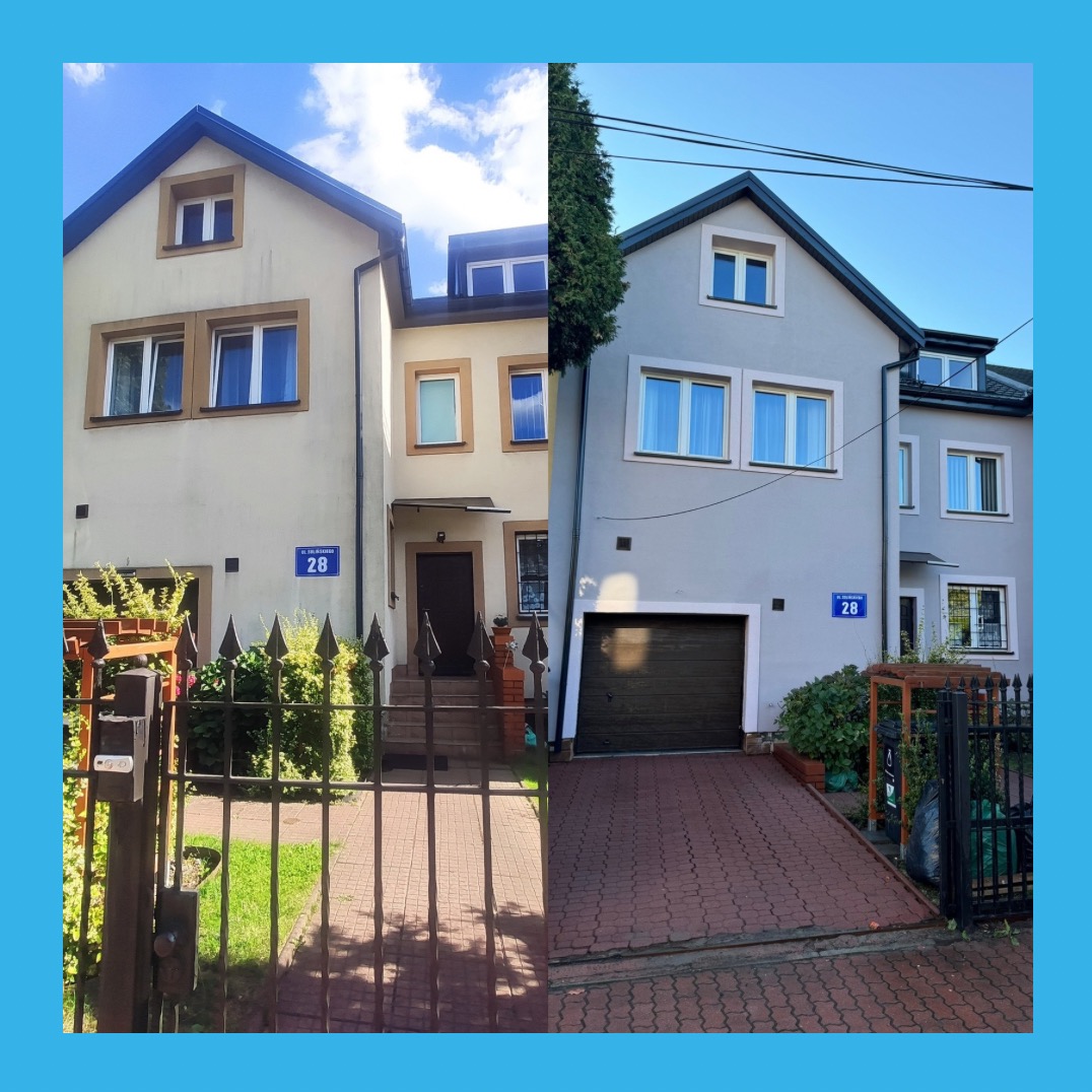 Dom przed i po malowaniu elewacji: odcień kremowy zmieniony na szary. Widoczne zmiany w kolorze bramy garażowej i chodnika. Tabliczka z numerem domu 28.