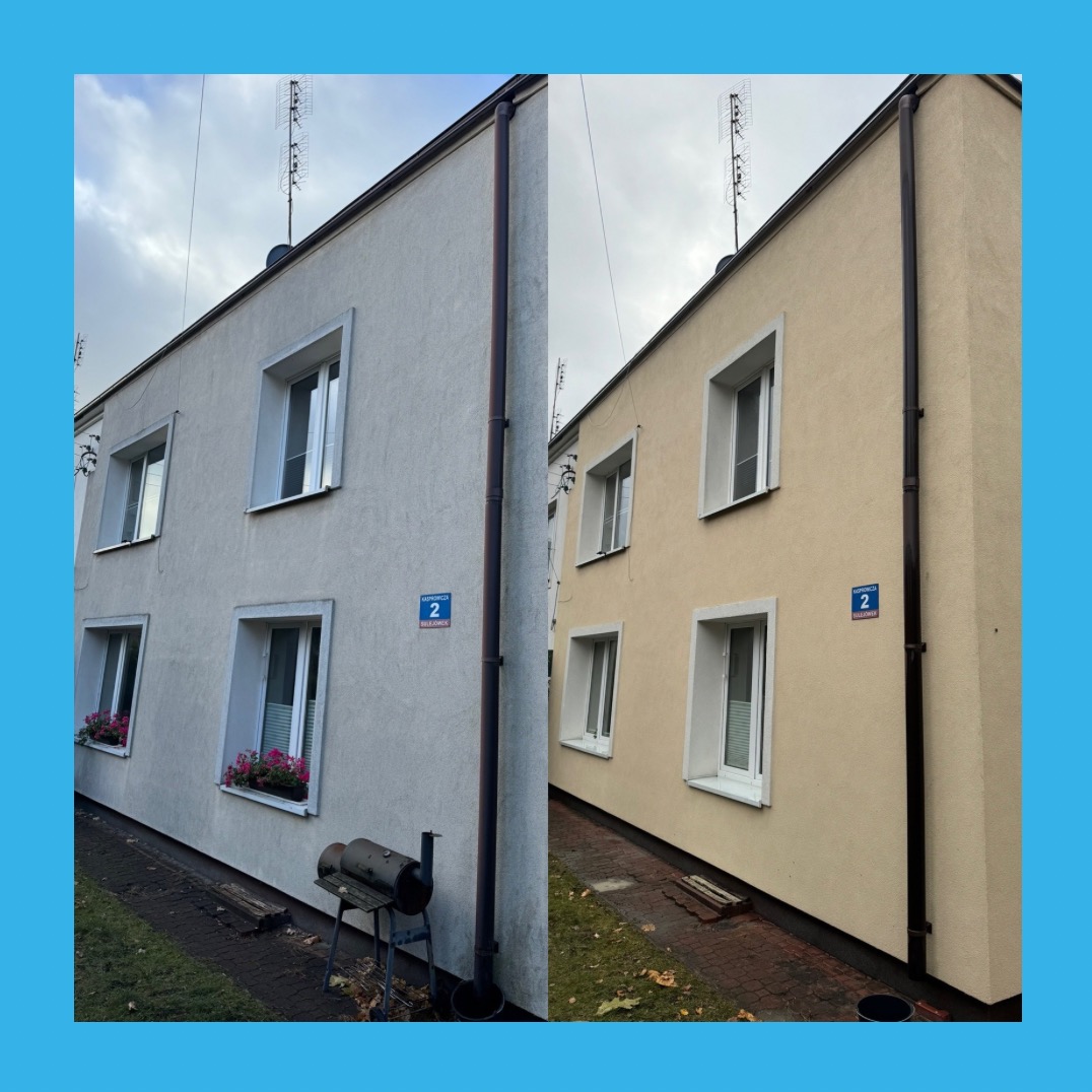 Elewacja budynku przed i po malowaniu. Po lewej stronie widoczna elewacja w odcieniach szarości, po prawej w ciepłym beżu. Widoczne okna i rynny.