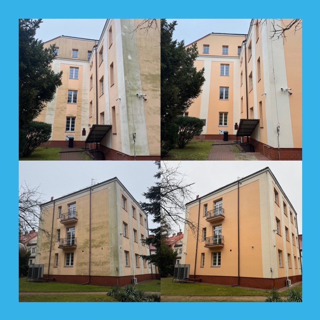 Budynek wielorodzinny przed i po czyszczeniu elewacji. Widoczne różnice w kolorze i czystości fasady, zieleń wokół budynku. Ujęcie z dwóch perspektyw.