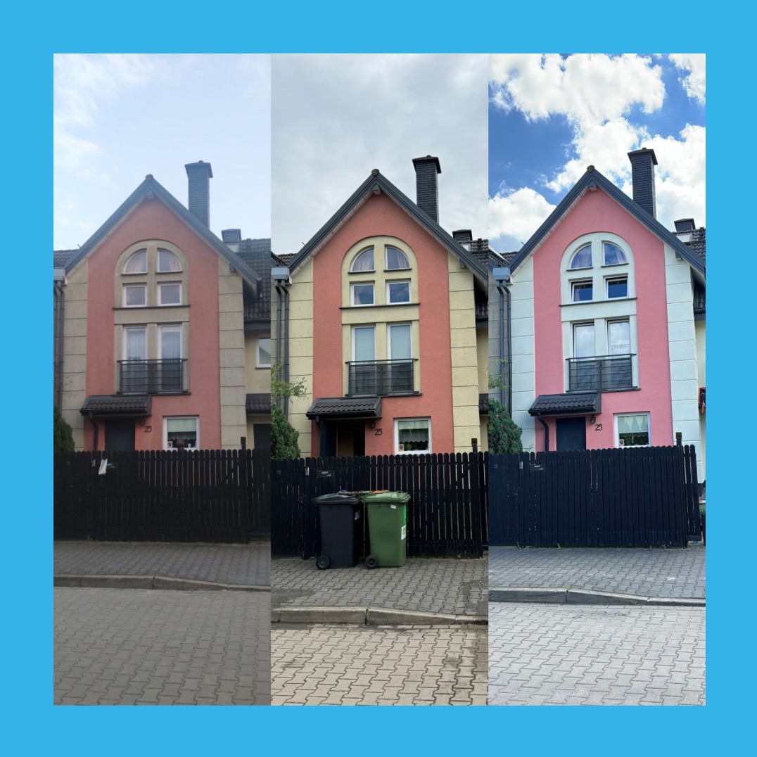 Fotografia przedstawia dom w trzech wariantach kolorystycznych elewacji: różowym, beżowym i łososiowym. Widoczne czarne ogrodzenie i kosze na śmieci. Efekt 'przed i po' malowania elewacji.