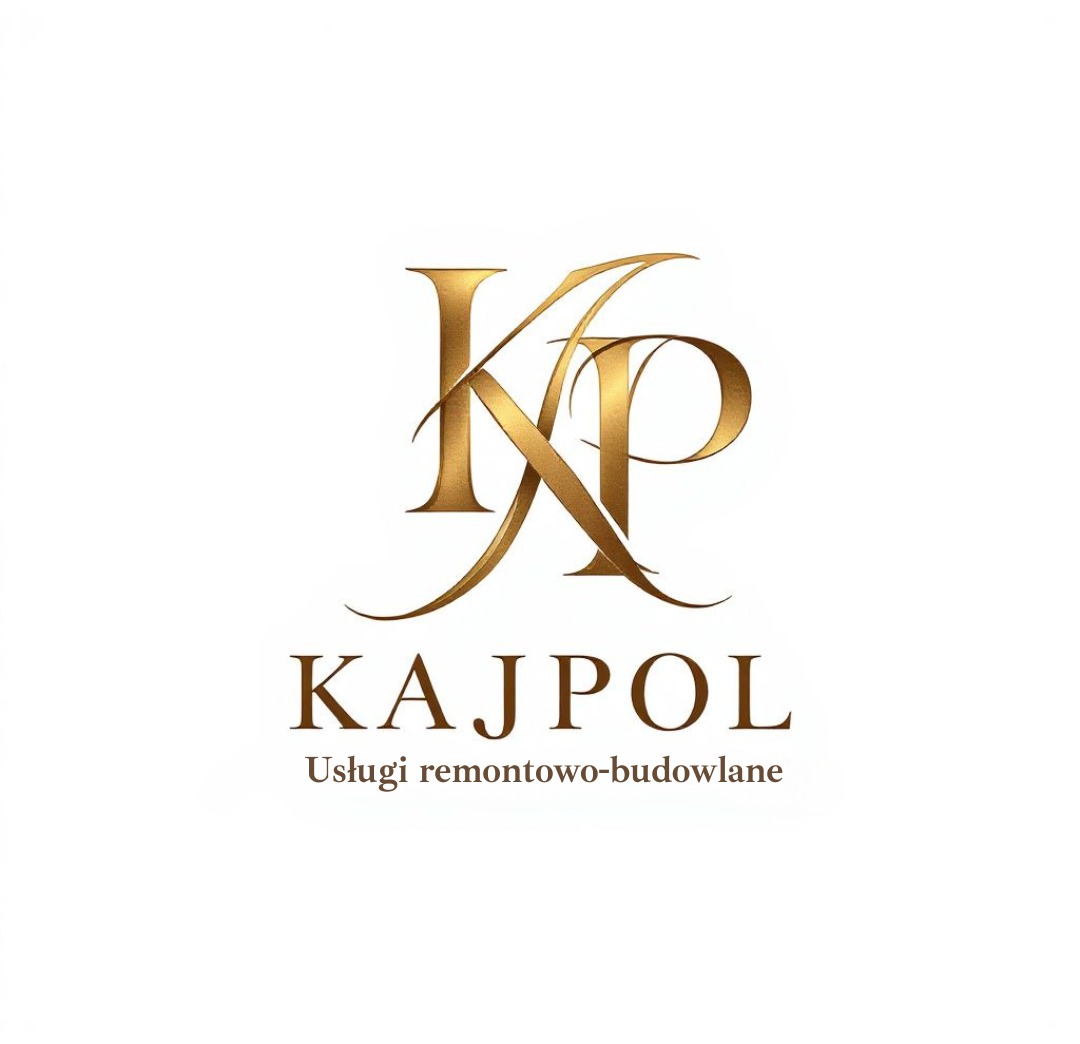 Eleganckie złote logo 'KP' z nazwą 'KAJPOL' i opisem 'Usługi remontowo-budowlane' na białym tle. Minimalistyczny design, idealne do identyfikacji wizualnej firmy.