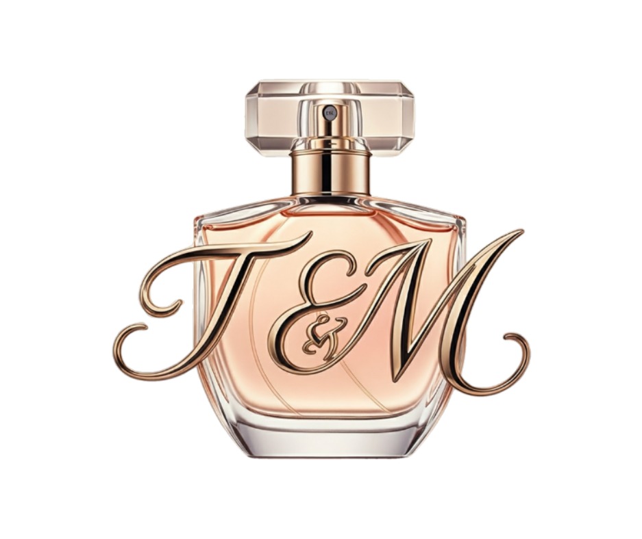 Elegancki flakon perfum z dekoracyjnym logo 'T&M' w odcieniach złota, na białym tle. Minimalistyczny design i luksusowy charakter kompozycji graficznej.