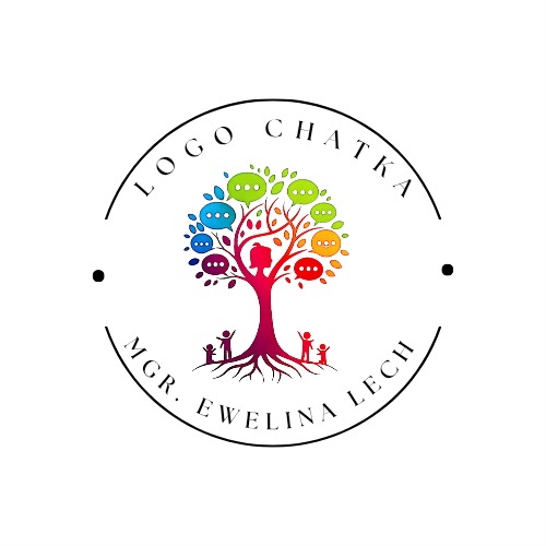 Kolorowe logo 'Logo Chatka' z motywem drzewa, którego liście to dymki rozmów, a korzenie stanowią sylwetki dzieci, umieszczone w okręgu z tekstem.