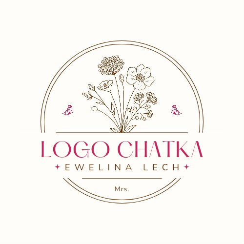 Delikatny logotyp 'Logo Chatka Ewelina Lech' w okręgu z motywem bukietu kwiatów i motyli w odcieniach brązu i różu na kremowym tle. Elegancki i subtelny design.