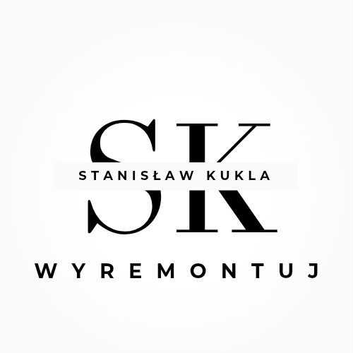 Logo firmy remontowej 'Stanisław Kukla Wyremontuj' w czarno-białej kolorystyce z charakterystycznym połączeniem liter 'SK'.