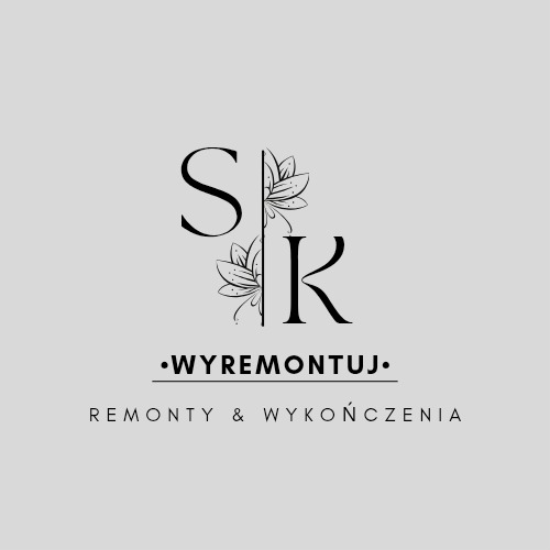 Eleganckie logo firmy 'Wyremontuj' z inicjałami 'SK' wplecionymi w motyw florystyczny. Minimalistyczny design w odcieniach szarości, akcentujący remonty i wykończenia.