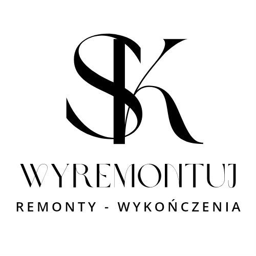Eleganckie logo firmy 'WYREMONTUJ' z inicjałami 'SK' w czerni na białym tle, promującej remonty i wykończenia. Minimalistyczny, nowoczesny design.