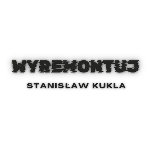 Logo firmy 'WYREKONTUJ Stanisław Kukla' z efektem zakłóceń, czarny tekst na białym tle, minimalistyczny design.