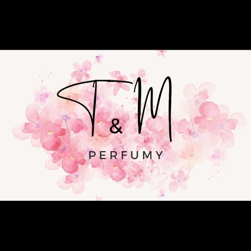 Delikatne logo 'T&M Perfumy' z akwarelowymi różowymi kwiatami i subtelną czcionką, tworzące elegancki i kobiecy wizerunek marki perfum.