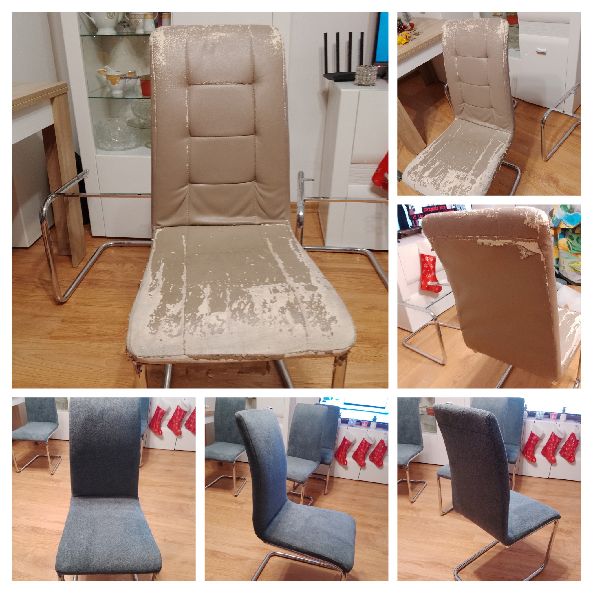 Kompozycja 'przed i po' prezentująca odnowione krzesło z metalową podstawą, z beżowego z uszkodzeniami do szarego, z nową tapicerką.