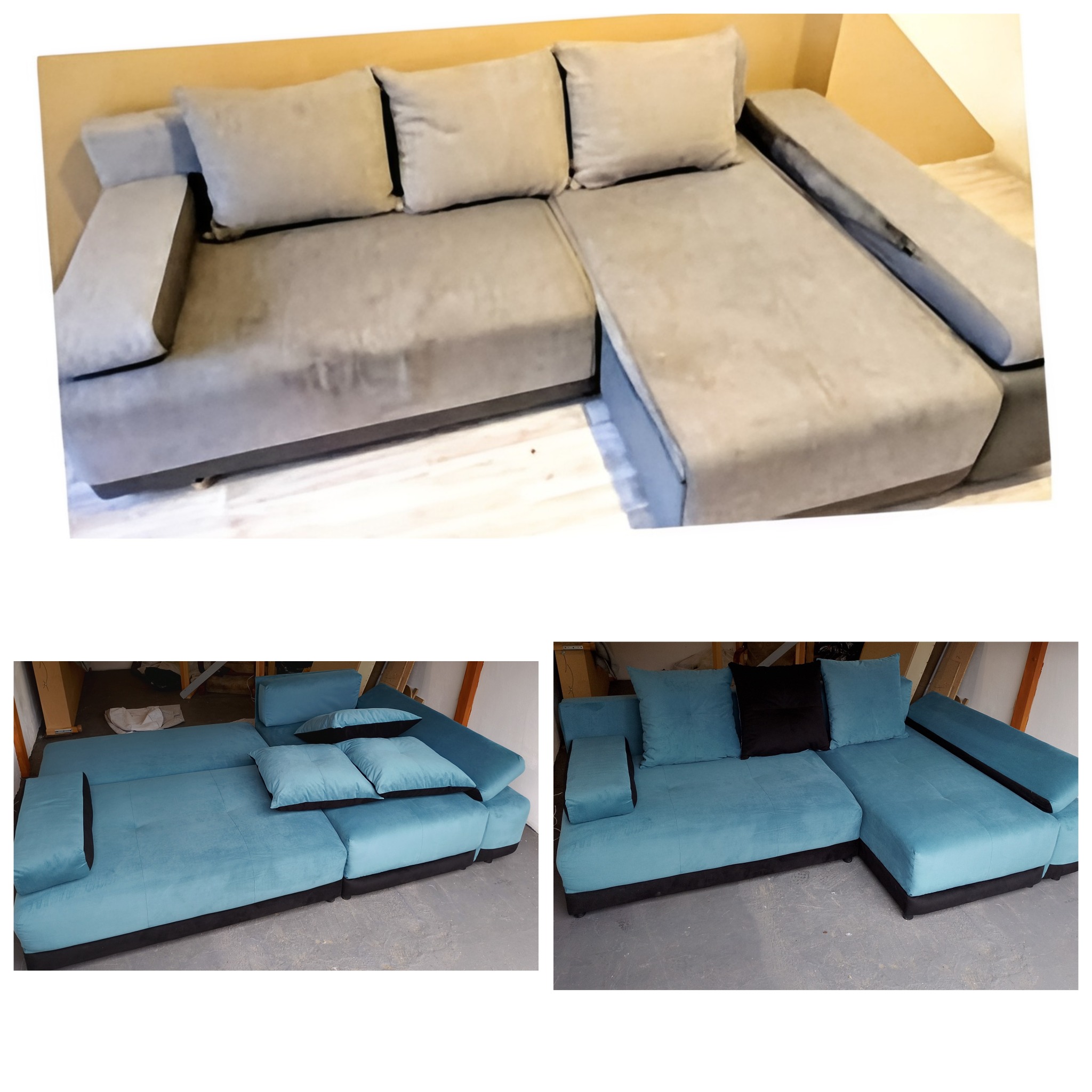 Narożnik modułowy z Częstochowy: górne ujęcie szarego, dolne dwa ujęcia turkusowego z czarną bazą. Zestawienie kolorów i modułowa konstrukcja.